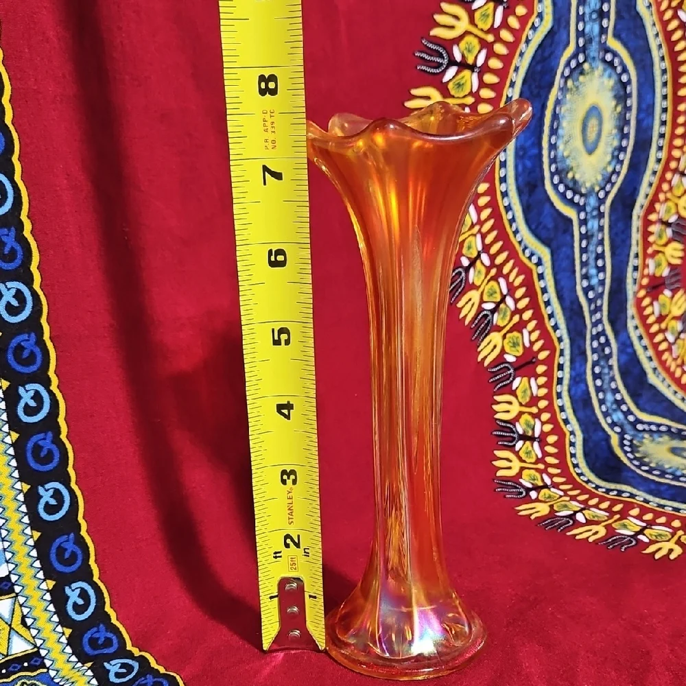 Vintage Marigold Carnival Glass Swung Bud Vase Iridescent Morning Glory